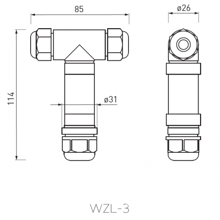 Hermetic connection for electrical cables, T Shape, IP68         